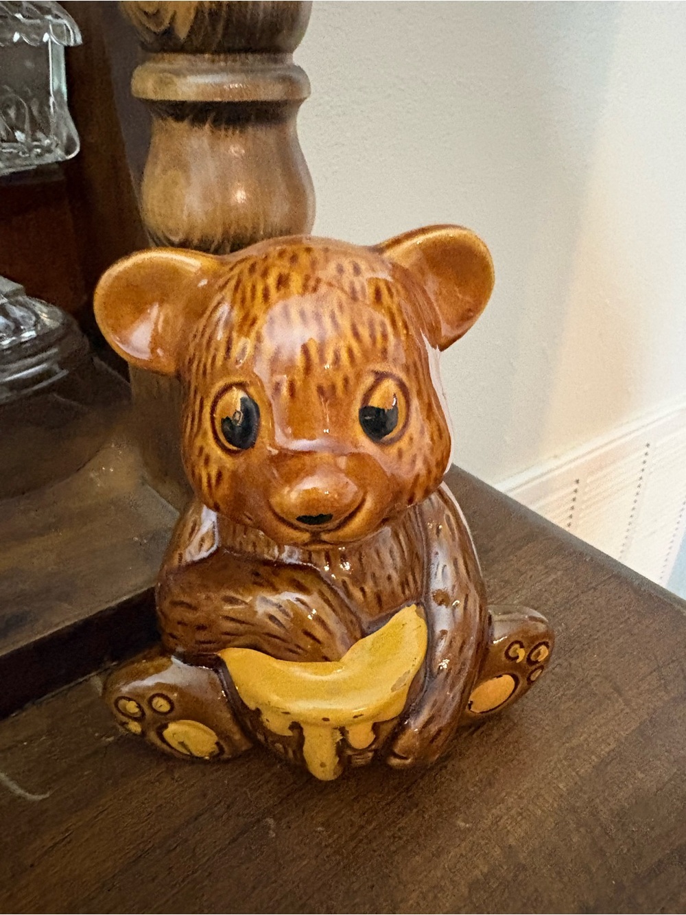 Vintage Ceramic Bear Figurine with Honey Pot - Brown